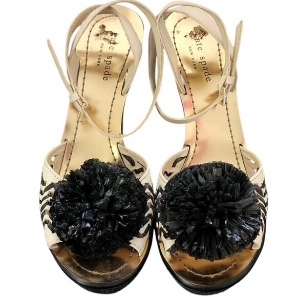 Preloved- Kate Spade Sandals Heels Black Ivory Leather Pom Pom Platform Wedges 8 - Picture 1 of 10